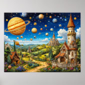 Magisch landschap met kastelen en buitenruimte poster (Voorkant)