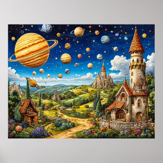 Magisch landschap met kastelen en buitenruimte poster (Voorkant)