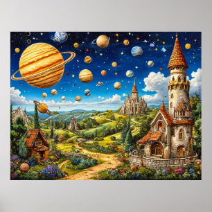 Magisch landschap met kastelen en de ruimte poster
