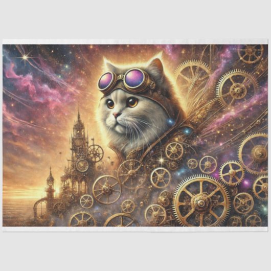 Magisch landschap Steampunk Cat Cosmic Decoupage Tissuepapier (Voorkant)