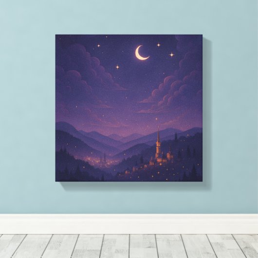 Magisch Maanverlicht Dorpsnachtlandschap Canvas Afdruk (Insitu (Houten vloer))