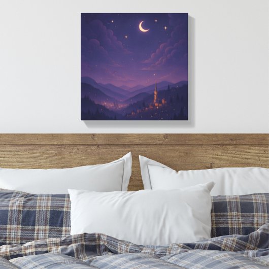 Magisch Maanverlicht Dorpsnachtlandschap Canvas Afdruk (Insitu (Slaapkamer))