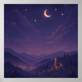 Magisch maanverlicht dorpsnachtlandschap poster