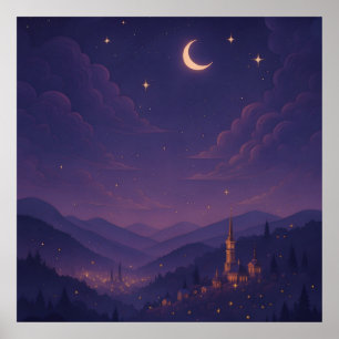 Magisch maanverlicht dorpsnachtlandschap poster