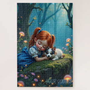 Magisch meisje en puppy in betoverd bos legpuzzel