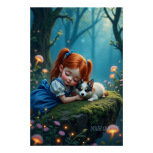 Magisch meisje en puppy in betoverd bos perfect poster