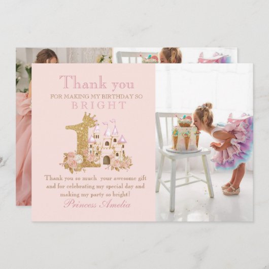 Magisch roze Kasteel Koninkrijk Verjaardag Bedankkaart (Voorkant / Achterkant)