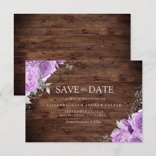 Magisch Rustisch Paars Lavender Roos Floral Weddin Save The Date (Voorkant / Achterkant)