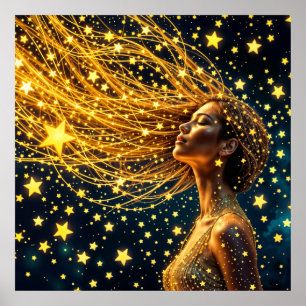 Magisch sterrenportret van gouden fantasievrouw poster