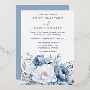 Magisch stoffig blauw & wit bloemig bruiloft zilve folie uitnodiging