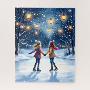 Magisch winterschaatsen onder lantaarnlichten legpuzzel