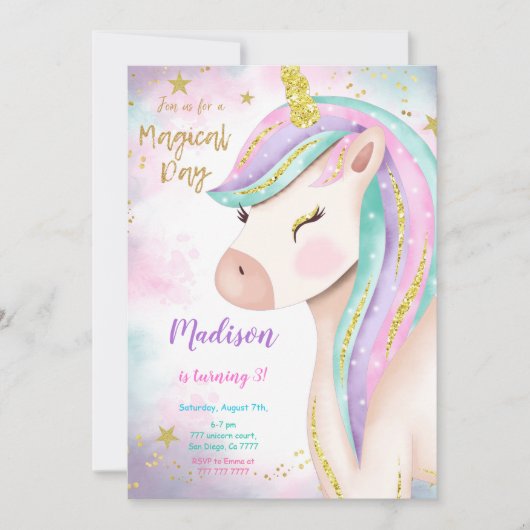 Magische 3e Eenhoorn Verjaardag uitnodiging (Voorkant)