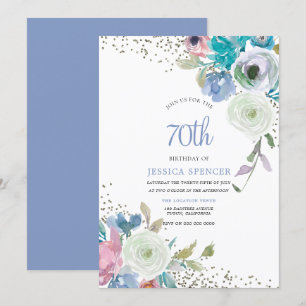 Magische 70th Birthday Party Mint Blue Flowers Kaart