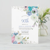 Magische 90th Birthday Party Mint Blue Flowers Kaart (Staand voorkant)