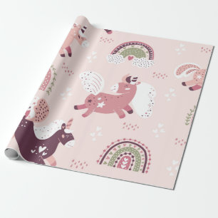 Magische achtergrond met kleine eenhoorns en regen cadeaupapier