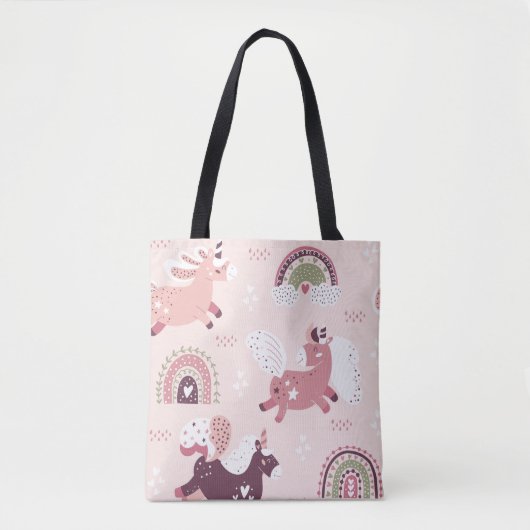 Magische achtergrond met kleine eenhoorns en regen tote bag (Voorkant)