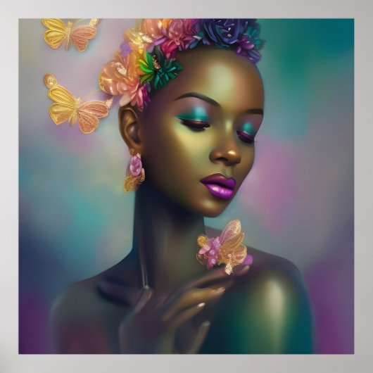 Magische Afrikaanse regenboogvlindervrouw Poster (Voorkant)