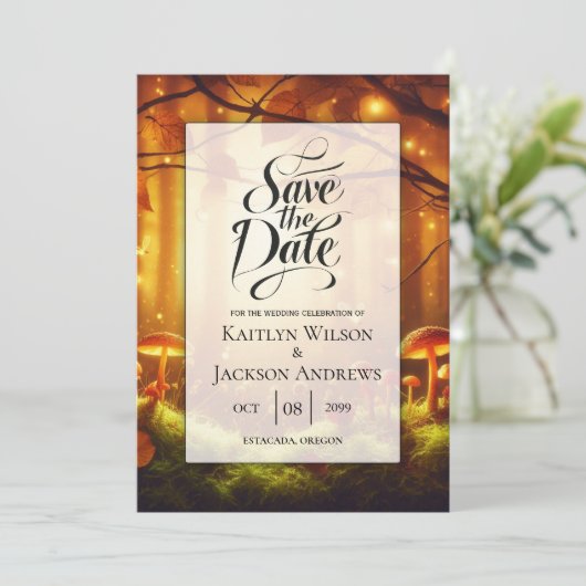 Magische Amber Forest Sprookjeshuwelijk Save The Date (Staand voorkant)