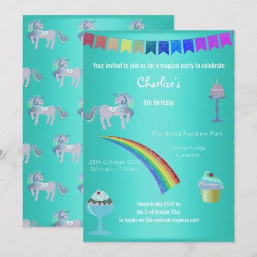 Magische Aqua Chalkboard Unicorn Sweets Birthday Kaart (Voorkant / Achterkant)