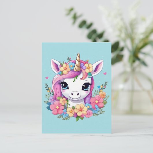 Magische Baby Eenhoorn met Bloemen Briefkaart (Staand voorkant)