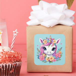 Magische Baby Eenhoorn met Bloemen Vierkante Sticker