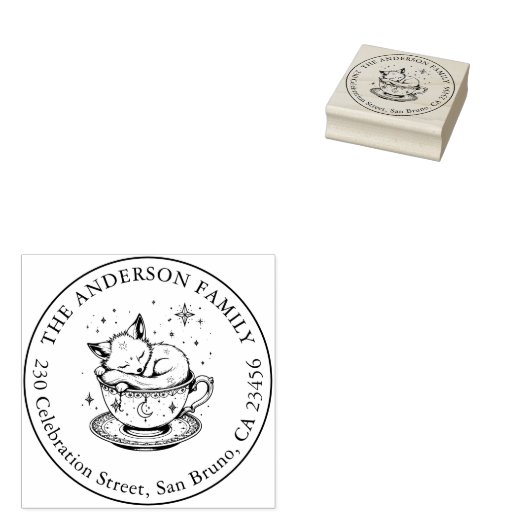 Magische Baby Fox Snoozing in Tea Cup Naam Adres Rubberstempel (Gestempeld)