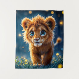 Magische baby-leeuw wandelen in een fantasieavond wandkleed