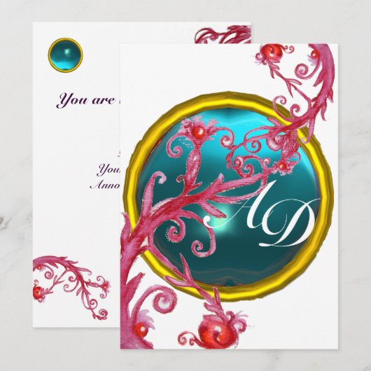 MAGISCHE BESJES 4, MONOGRAM blauwe aquamarine Kaart (Voorkant / Achterkant)