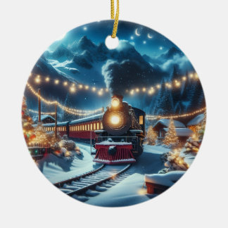 Magische Besneeuwde Kersttrein Winterlandschap Keramisch Ornament