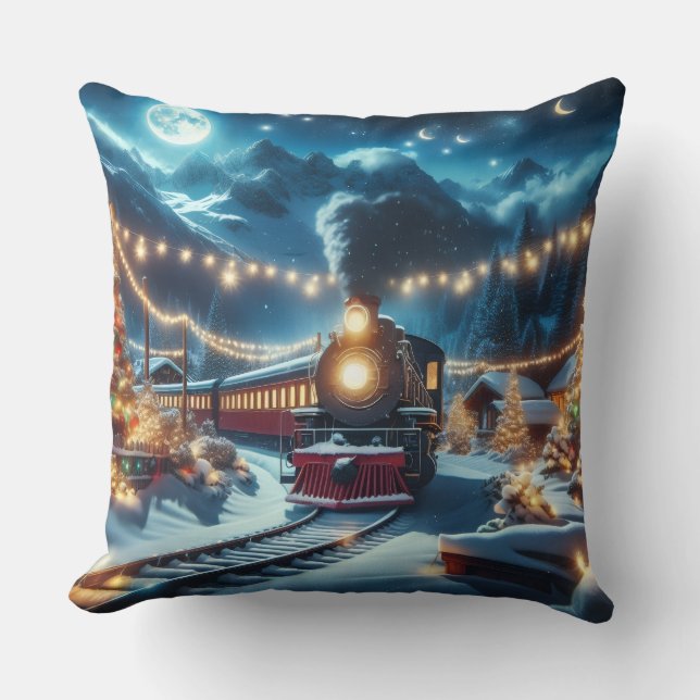 Magische Besneeuwde Kersttrein Winterlandschap Kussen (Voorkant)