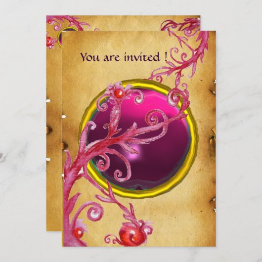 MAGISCHE BESSEM PERKAMENT GEM rode robijn Kaart (Voorkant / Achterkant)