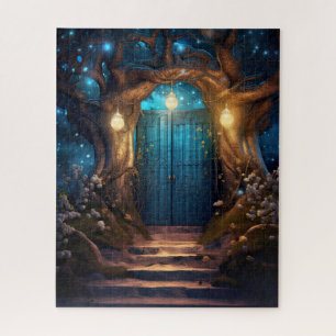 Magische betoverde fantasiebos oude blauwe deur legpuzzel