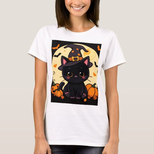Magische Betoverende Heks Kat Halloween T-shirt (Voorkant)