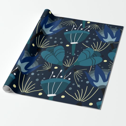 Magische blauwe bloemen cadeaupapier (Uitgerold)