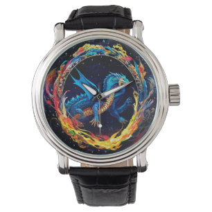 Magische blauwe draak omringd door mystieke vlamme horloge