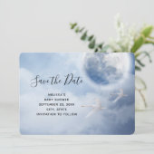 Magische blauwe hemel met vliegende zwemmen save the date (Staand voorkant)