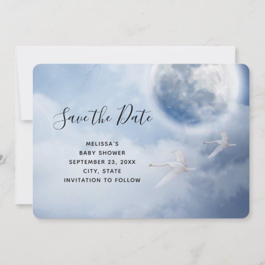 Magische blauwe hemel met vliegende zwemmen save the date (Voorkant)