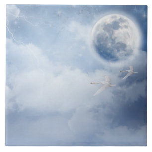 Magische blauwe hemel met vliegende zwemmen tegeltje