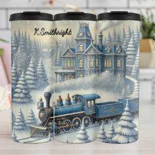 Magische Blauwe Kersttrein Maanverlichte Scène Thermosbeker