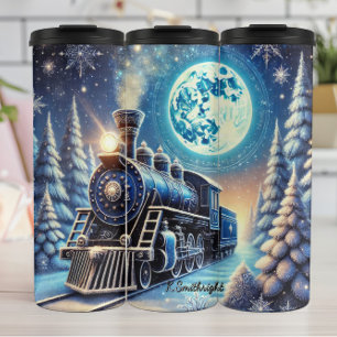 Magische Blauwe Kersttrein Maanverlichte Scène Thermosbeker