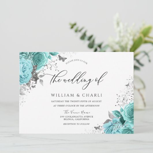 Magische Blauwe Teal Aqua Rozen Bloemen Bruiloft Kaart (Staand voorkant)