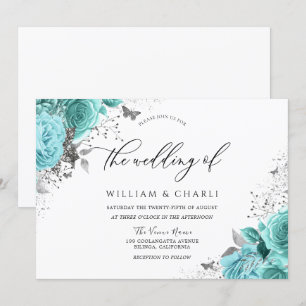 Magische Blauwe Teal Aqua Rozen Bloemen Bruiloft Kaart