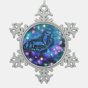 Magische blauwe vlinder tin sneeuwvlok ornament