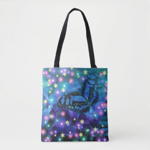 Magische blauwe vlinder tote bag