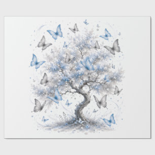 Magische Blauwe Vlinder & Zilveren Boom Inpakpapie Cadeaupapier