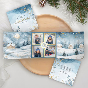 Magische Blauwe Winterwonderland 4 Foto Kerstmis Drieluik Wenskaart