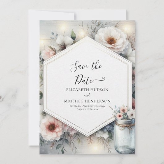 Magische bloemen Mason Jar bruiloft Save The Date (Voorkant)
