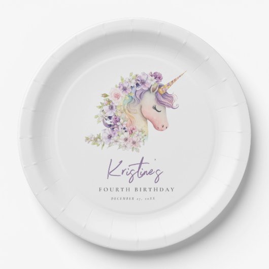 Magische bloemeneenhoorn Verjaardag Papieren Bordje (Voorkant)