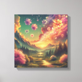 Magische Bloemenhemel boven Zonsondergangsbergen C Canvas Afdruk