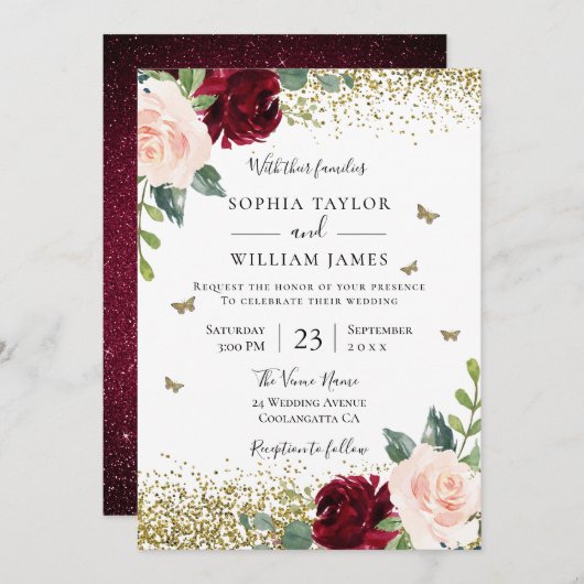 Magische Blush & Bourgogne Red Floral Spring Weddi Kaart (Voorkant / Achterkant)